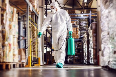 Man in protective suit and mask disinfecting warehouse full of f Distribution Center Sanitization against Covid-19